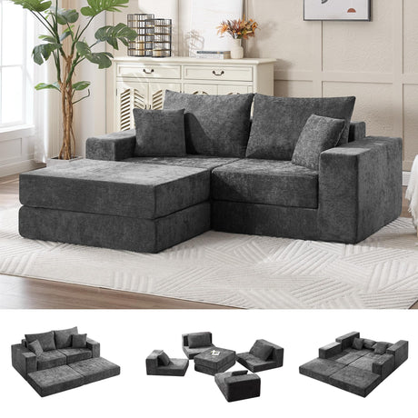 79" Boneless Cloud Loveseat Sofa Couch, Modular Foldable Floor Sofa with Ottoman, Chenille Lounge Convertible Sofa Bed for Living Room, No Assembly, Dark Grey Hatppto