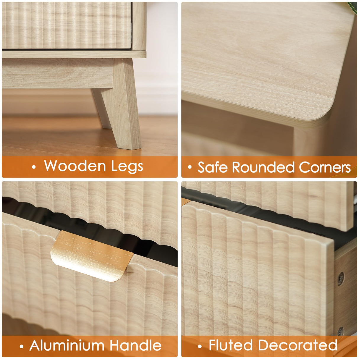 Fluted Nightstand with Charging Station, 19.7 inch Wide End Table with 2 Drawers, Modern Wood Bedside Table for Bedroom(Natural) LYNCOHOME