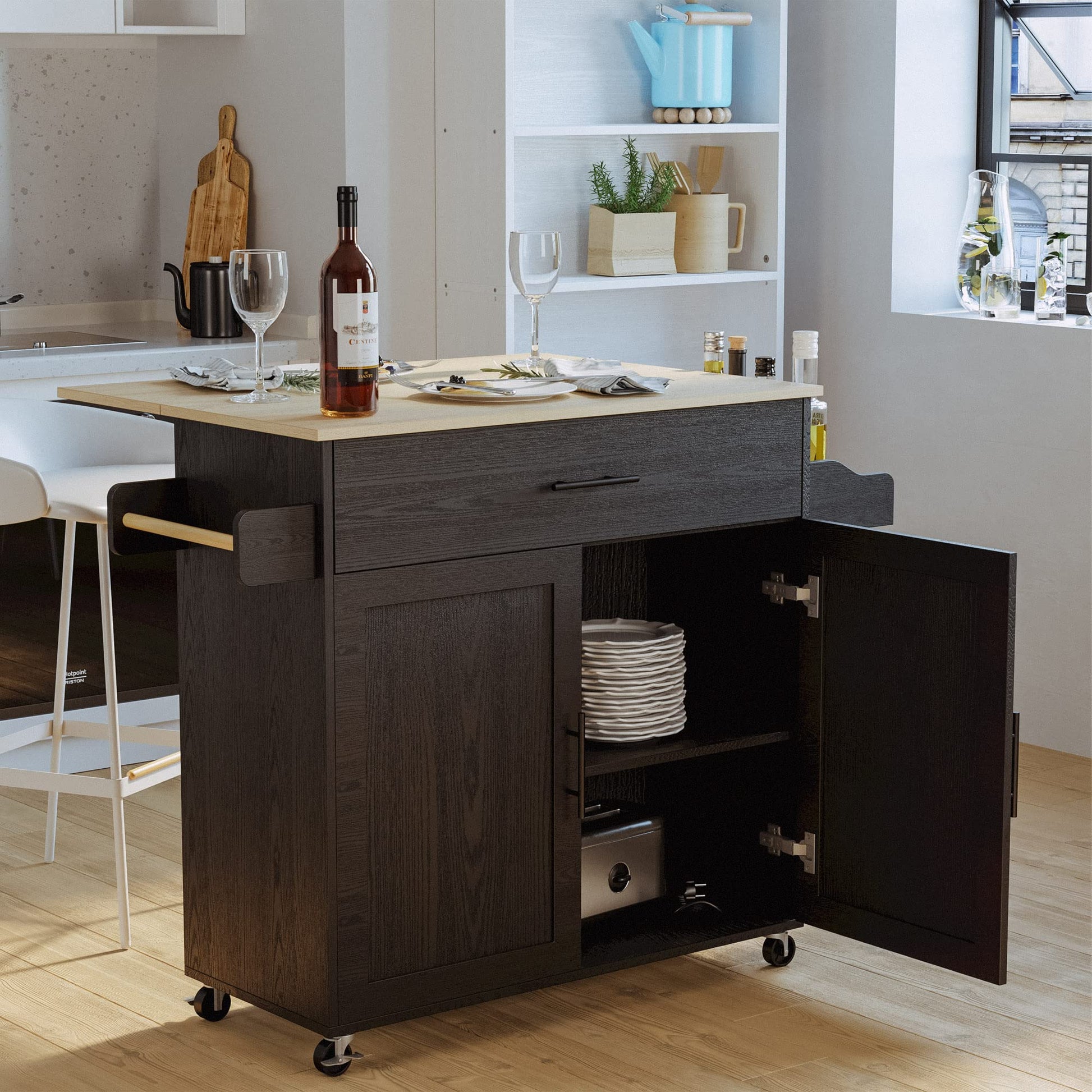 Rolling Black Kitchen Island Cart with Drop Leaf, Storage Cabinet & Spice Rack by IRONCK - WoodArtSupply