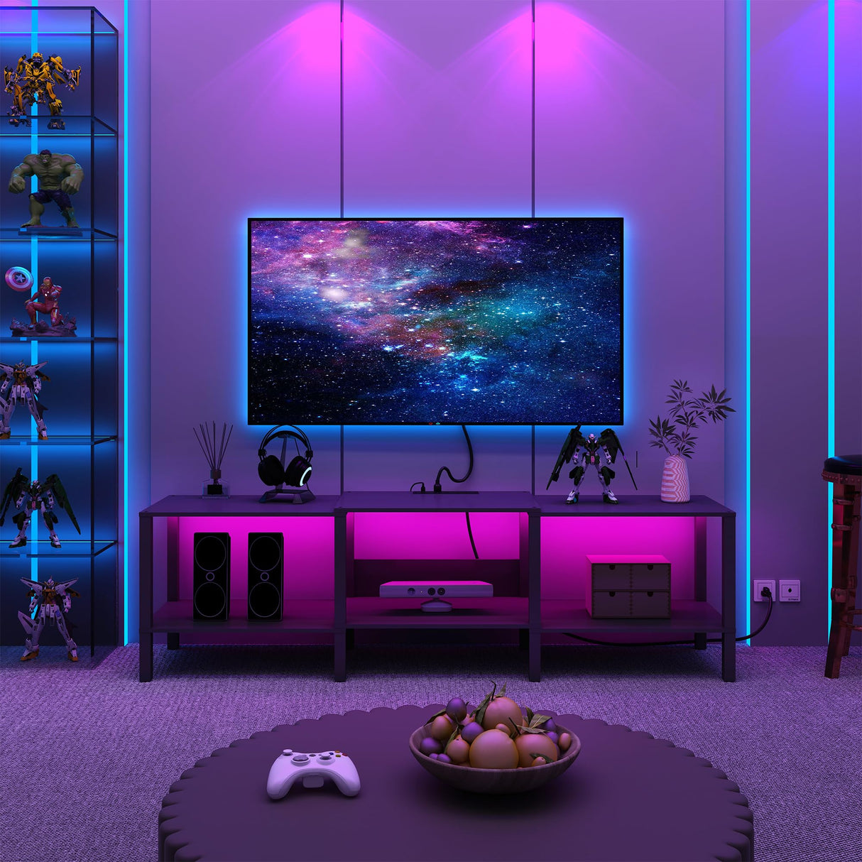 HHETOGOL Black LED TV Stand for Living Room 75 Inch Wood TV Media Console for 45/55/65/75 inch TVs，Industrial TV Stand，TV Stand Media Entertainment Center with Power Outlet ，Rustic Brown CALTV06BKE HHETOGOL