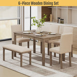 Zevemomo 6-Piece Solid Wood Dining Table Set, Including 1 Dining Table, 4 Upholstered Chairs and 1 Bench, Wooden Legs Dining Table Set for Dining Room, Kitchen, Restaurant, Brown Zevemomo