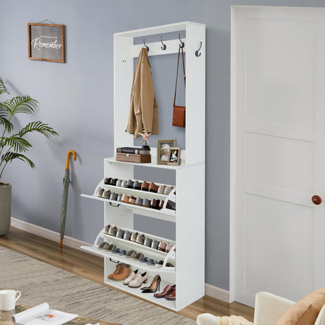 Betoko Hall Tree with Shoes Storage,Farmhouse Entryway Coat Rack Wooden Hallway Mudroom Tree Bench Corner Tree Cabinet with 5 Coat Hooks & 2 Shoes Cabinets and Open Shelf(Rustic White) Betoko