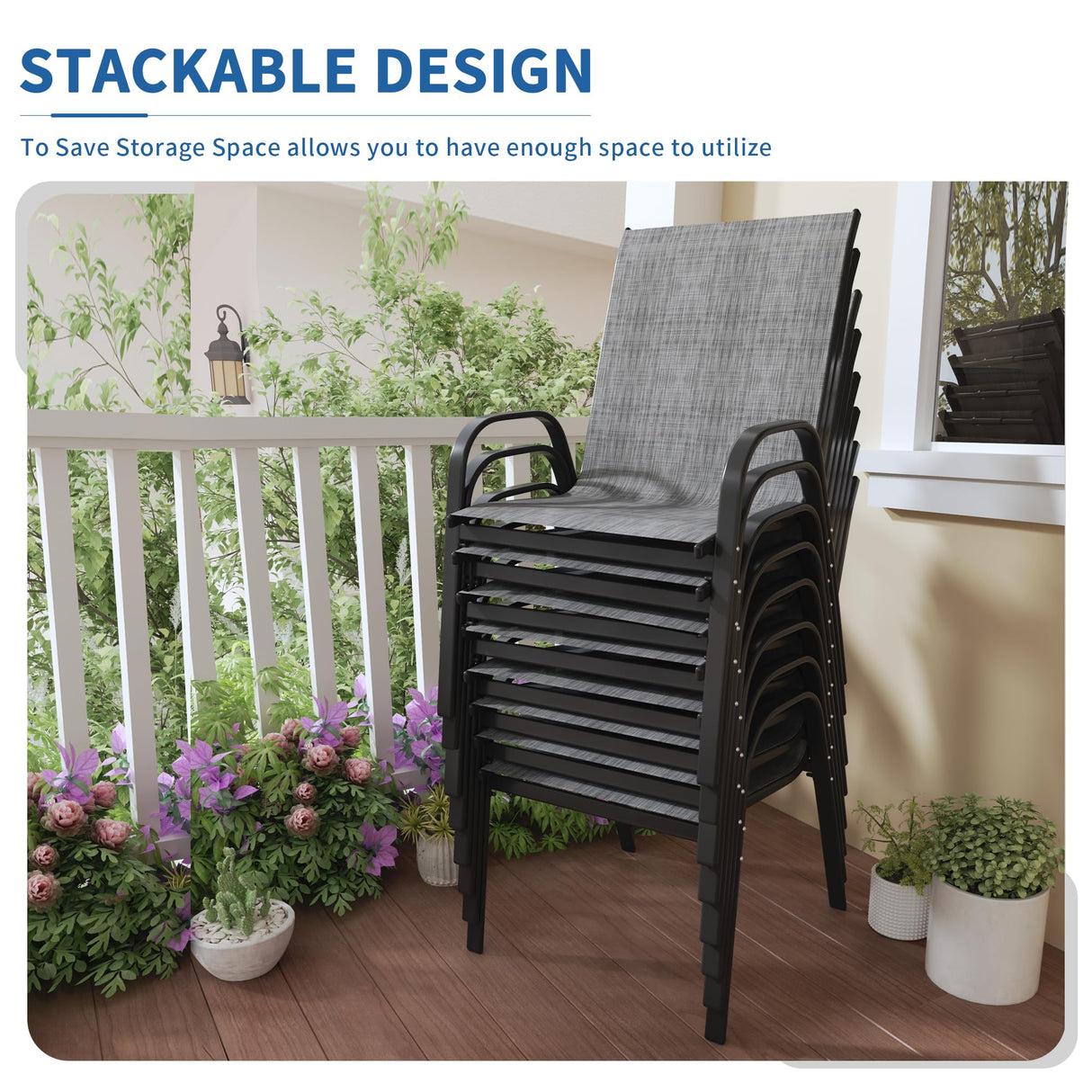 PIZZELLO Patio Chairs Set of 8 - Outdoor Stackable Dining Chairs for All Weather - Lightweight Textilene Outdoor Chair Sets with Armrests - 300Lbs Capacity - for Backyard Garden Porch Poolside (Grey) PIZZELLO
