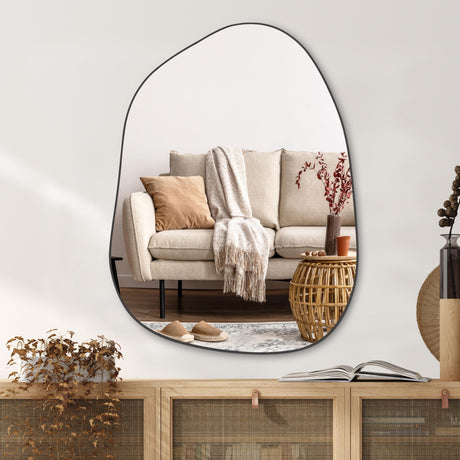 PERFNIQUE Irregular Wall Mirror Asymmetrical Mirror, 32''x24'' Black Wood Framed Mirror for Bathroom Bedroom Living Room Entryway, Decorative Modern Wall Decor, Wall Mounted Mirror (Black, 32''x24'') PERFNIQUE