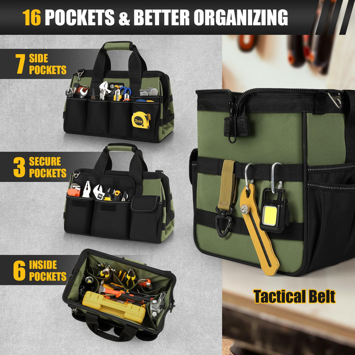 UUP Heavy Duty Tool Bag 15-Inch, 16-Pocket Portable Tool Box Organizer Storage, Tactical Carry Tote Toolbox with Large Zipper, Adjustable Shoulder Strap, Father Day Dad Men Mechanic HVAC Engineer Gift UUP