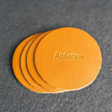 Ox & Pine Personalized Leather Coaster 4 pk - Customize Inscription- 100% Full-Grain Leather – 4" Round or 4" Square – (Stone Natural, Square) Ox & Pine