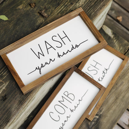 LIBWYS Bathroom Sign & Plaque (Set of 3) Wash Your Hands Brush Your Teeth Comb Your Hair Decorative Rustic Wood Farmhouse Bathroom Wall Decor (White)