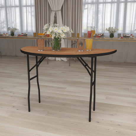 Flash Furniture Furman 4' Half-Round All-Occasion Wood Folding Event Table, Foldable Portable Half-Round Banquet Table with Wooden Top, Natural/Black Flash Furniture