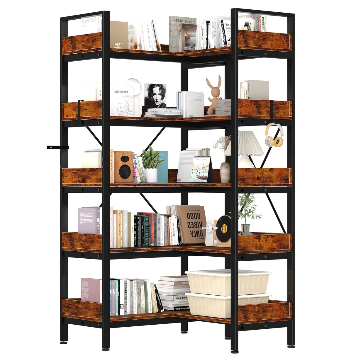 5-Tier Corner Bookshelf, L-Shaped Reversible Bookshelf, 65" Industrial Wooden Bookcase with Open Shelves, Metal Frame Shelf with Adjustable Feet, Corner Storage Rack for Home Office, Rustic Brown GarveeLife