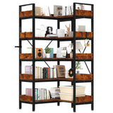 5-Tier Corner Bookshelf, L-Shaped Reversible Bookshelf, 65" Industrial Wooden Bookcase with Open Shelves, Metal Frame Shelf with Adjustable Feet, Corner Storage Rack for Home Office, Rustic Brown GarveeLife