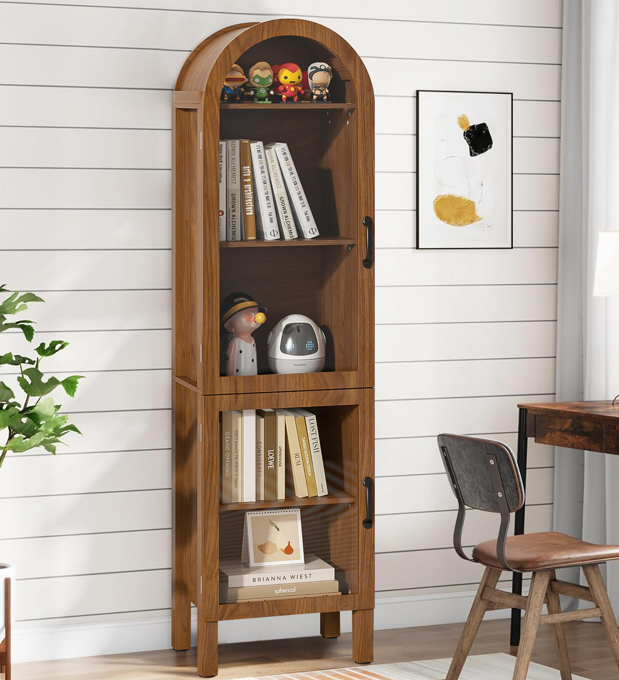 Lxsxlome Narrow Arched Bookcase, 64.17'' Tall Arch Bookshelf with Acrylic Glass Doors, 5 Shelf Bookcase, Freestanding Storage Organizer Display Cabinet for Living Room (Walnut, 64.17''H) Lxsxlome