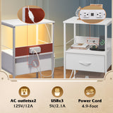 WLIVE White Night Stand with Charging Station, LED Nightstand with Adjustable Fabric Drawer, 3-Tier Storage Bedside Table, Small End Side Tables for Bedroom WLIVE