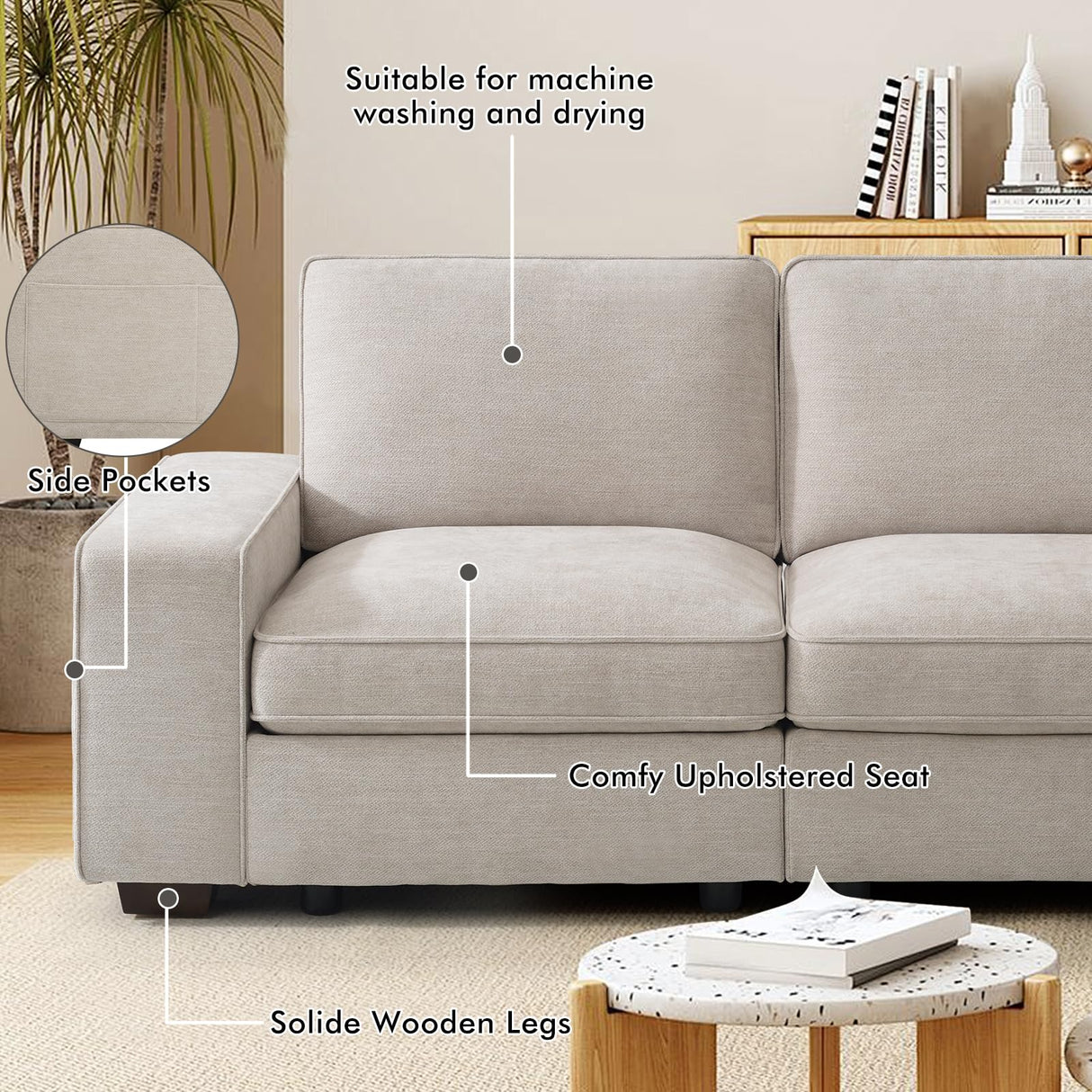 TEKAMON 100" Modular Sofa Couch with Seats Storage, Comfy 3-Seater Chenille Fabric Couch for Living Room, Office, Apart W/Deep Seat, Wide Arms, Side Pockets, USB, Upholstered Couch W/Removable Cover TEKAMON