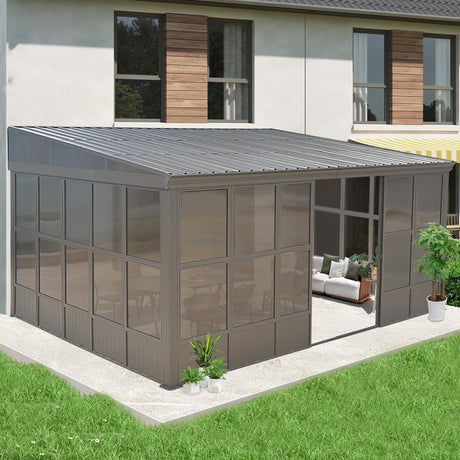 Domi 12x16FT Wall-Mounted Sunroom Gazebo, Aluminum Solarium with Galvanized Steel Sloping Roof, Detachable PC Screens, Front & 2 Side Sliding Doors, Outdoor Sun Room Lean to Gazebo for Patio Deck Lawn domi outdoor living