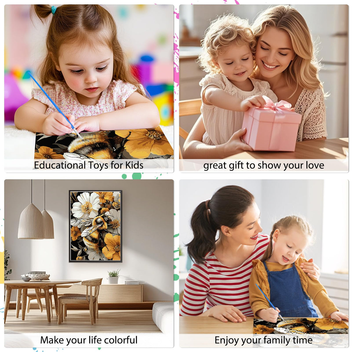 EOBROMD Paint by Numbers Kits for Adults Bee Flowers, DIY Kits Crafts for Beginner on Canvas, 3 Paint Brushes and Acrylic Paint for Home Decor 16x20inch(Without Frame) EOBROMD