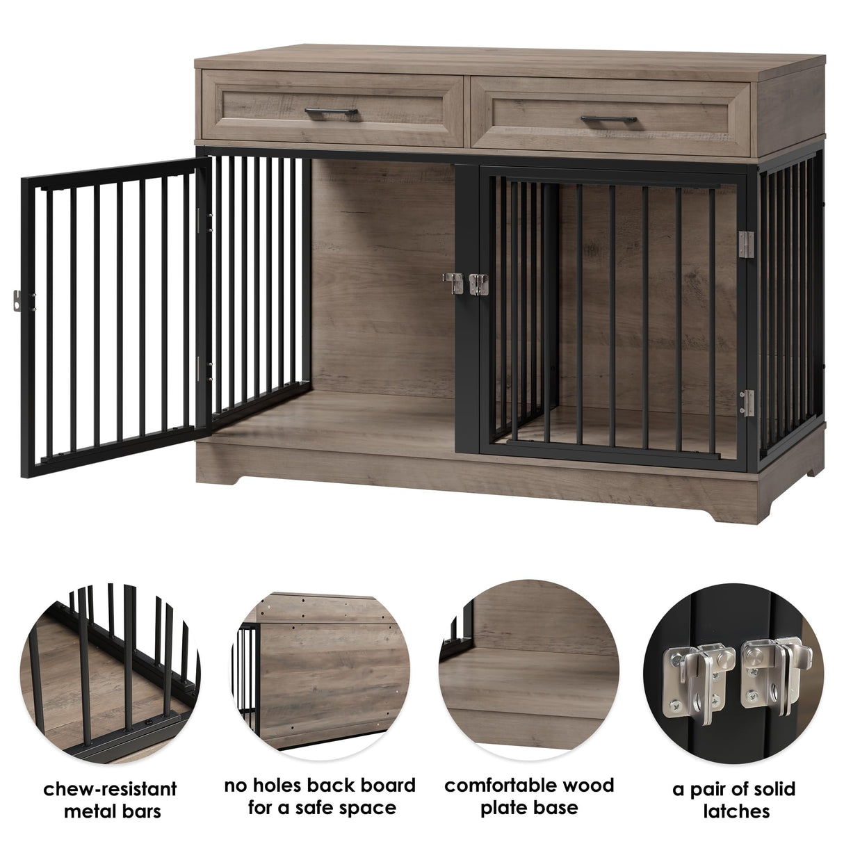 Dog Crate Furniture 47" Wooden Dog Kennels for Dogs Indoor with a Removable Divider for Large/Medium/Small Dogs, 2 Storage Drawers and Large Tabletop Dog Cages Double Doors Dog House, Rustic TTVIEW