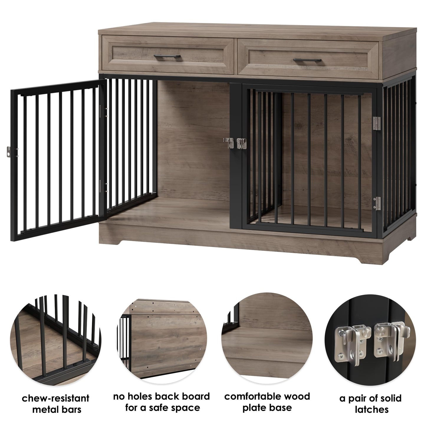 Dog Crate Furniture 47" Wooden Dog Kennels for Dogs Indoor with a Removable Divider for Large/Medium/Small Dogs, 2 Storage Drawers and Large Tabletop Dog Cages Double Doors Dog House, Rustic - WoodArtSupply