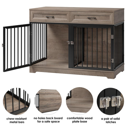 Dog Crate Furniture 47" Wooden Dog Kennels for Dogs Indoor with a Removable Divider for Large/Medium/Small Dogs, 2 Storage Drawers and Large Tabletop Dog Cages Double Doors Dog House, Rustic - WoodArtSupply