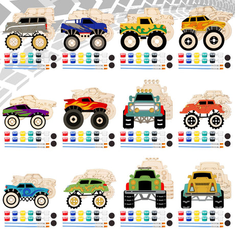 JellyArch 24 Pcs Unfinished Wood Monster Truck Cutouts Crafts Truck Party Favors Vehicles to Paint Wooden Car Magnets Ornaments DIY Tags Gift for Car Party Decoration Craft Project JellyArch