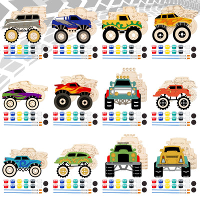 JellyArch 24 Pcs Unfinished Wood Monster Truck Cutouts Crafts Truck Party Favors Vehicles to Paint Wooden Car Magnets Ornaments DIY Tags Gift for Car Party Decoration Craft Project