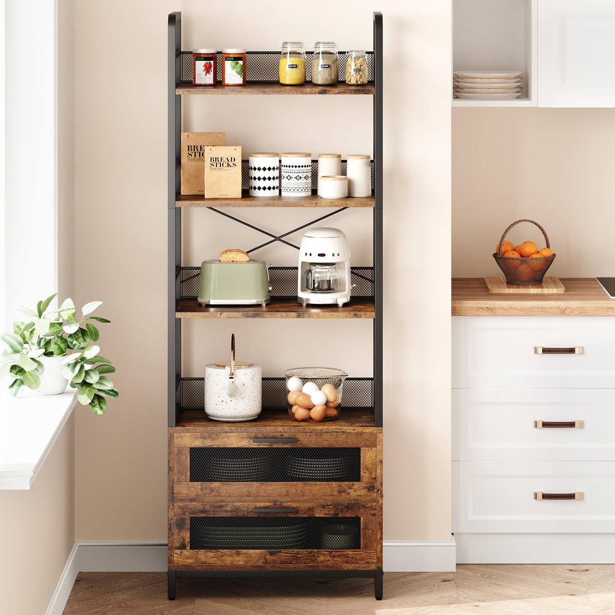 IDEALHOUSE Bookshelf with Drawers Industrial Bookcase with 4 Tiers Open Storage Shelves Rustic Bookshelves 70.87" Tall Display Racks Farmhouse Bookshelf for Bedroom, Living Room, Home Office, Brown IDEALHOUSE