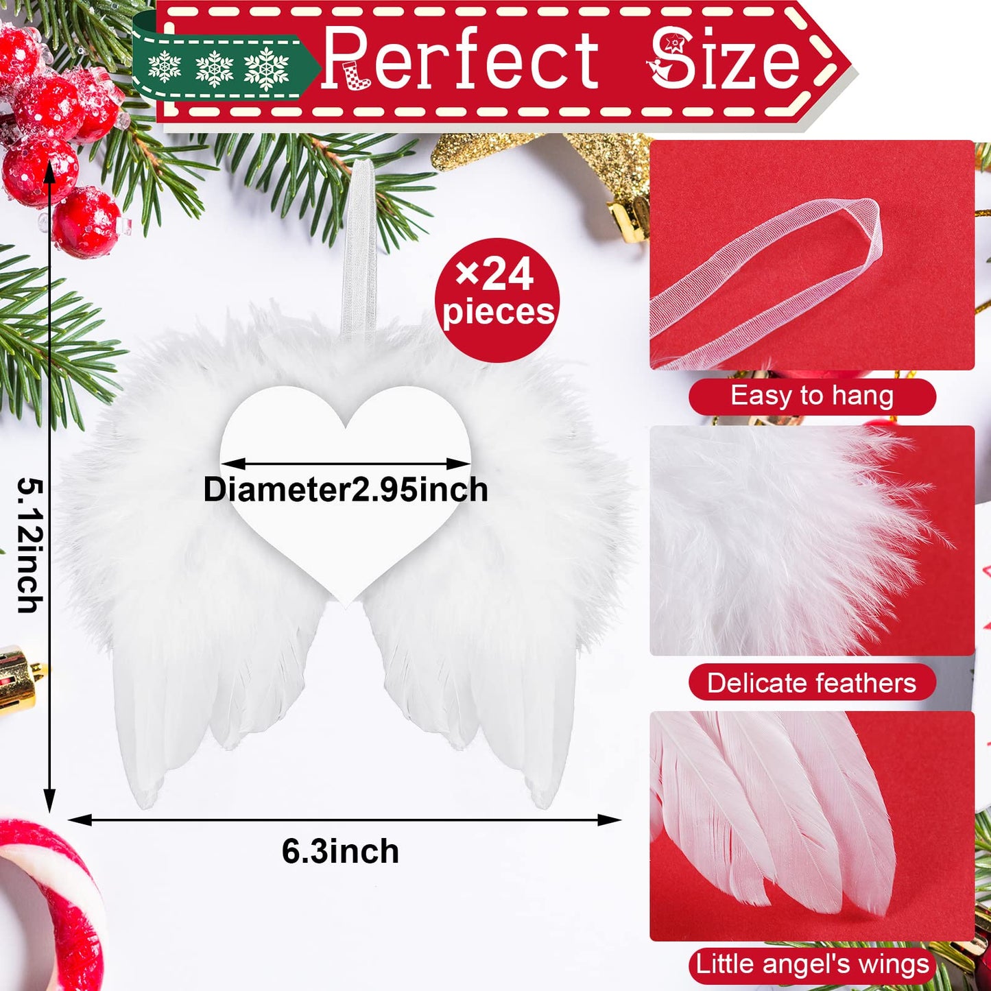 Christmas Sublimation Ornament Blank Decor White Angel Wings DIY Xmas Ornament Craft Hanging, Feather Hanging with Pendants for Christmas Tree Angel Wings Decor(24 Pcs,Heart Style)