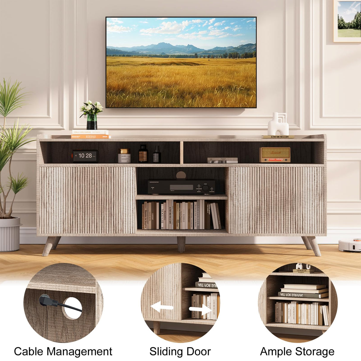 Algglobuy Farmhouse TV Stand for 65 Inch, TV Stands for Living Room with Sliding Doors and Adjustable Shelf, Entertainment Center with Storage Media TV Console Table for Bedroom (Sunwashed Ash Oak) Algglobuy