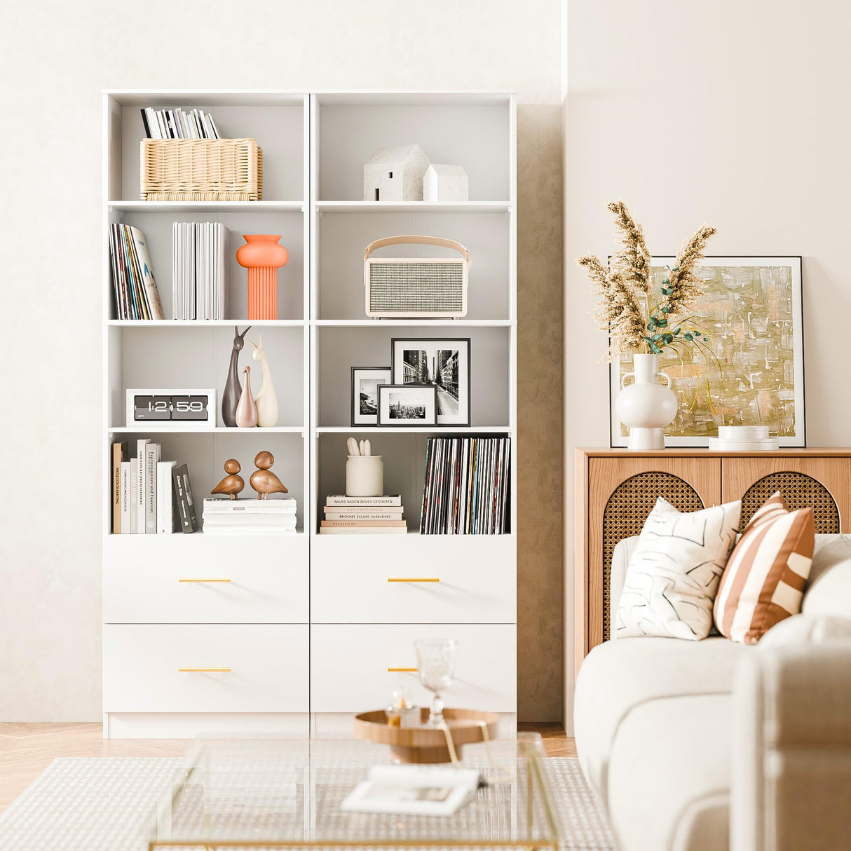 Cozy Castle 74.1'' Bookshelf,Tall Bookcase with Drawers, 4-Tier Open Bookshelf with Adjustable Storage Shelves,23.6 Inches Wide Floor Standing Bookcase for Home Office,Bedroom,Living Room,White Cozy Castle