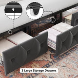 Keyluv King Upholstered Canopy Bed Frame with 3 Drawers and Button Tufted Headboard Metal Platform Bed with 4 Removable Posts Two-Purpose Velvet Bed No Box Spring Needed Dark Grey/Curtain Not Included Keyluv