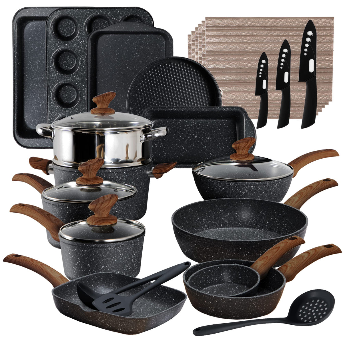 Kitchen Induction Cookware & Bakeware Set - 30 Piece Black Granite Coo ...