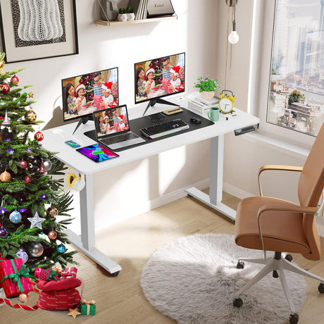 farexon Electric Standing Desk 63 x 24In with Charging Station, Stand up Desk with Oversized Mouse Pad, 2 USB Ports & 3 Power Outlets, 4 Caster, 4 Preset Heights Easy to Set(White) farexon