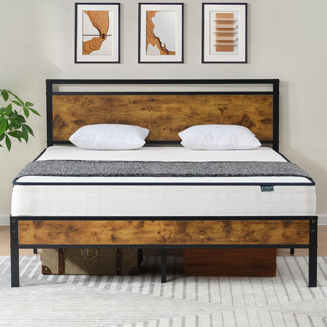 Z-hom Queen Bed Frame with Modern Wood Headboard & Footboard, Upgraded Heavy Duty Metal Sturdy Bed Frame Queen Size, Stable Platform Bed Furniture Bed Storage, No Noise, No Box Springs, Vintage Brown Z-hom
