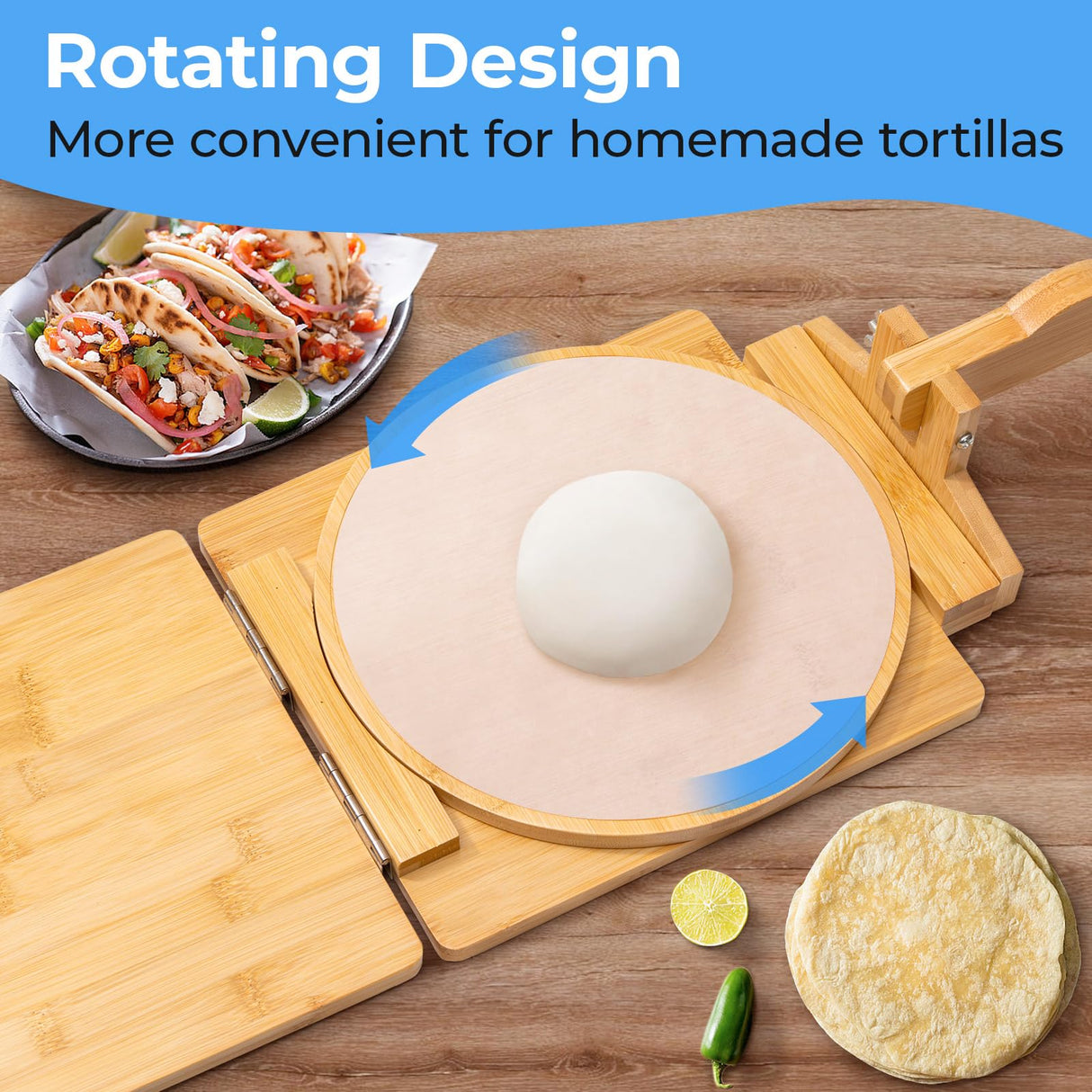 2024 Upgraded Wooden Tortilla Press 10 Inches Rotatable 10" Wood Tortilla Press Maker, with Rolling Pin & 50 Pcs Parchment Paper, for Homemade Tortillera, Roti, Chapati, Taco, Pataconera, Burritos Vrouwengeld