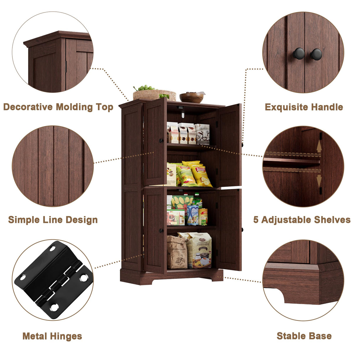 ChooChoo Bathroom Floor Cabinet, Farmhouse Bathroom Storage Cabinet with 4 Doors and Adjustable Shelves, Pantry Cabinet for Living Room, Kitchen, Walnut ChooChoo