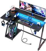 Korfile Computer Gaming Desk with Power Outlet & LED Lights, 47 Inch L Shaped Gamer Table with Storage Shelves for Bedroom, Reversible Corner Home Office Desk, Carbon Fiber Black Korfile