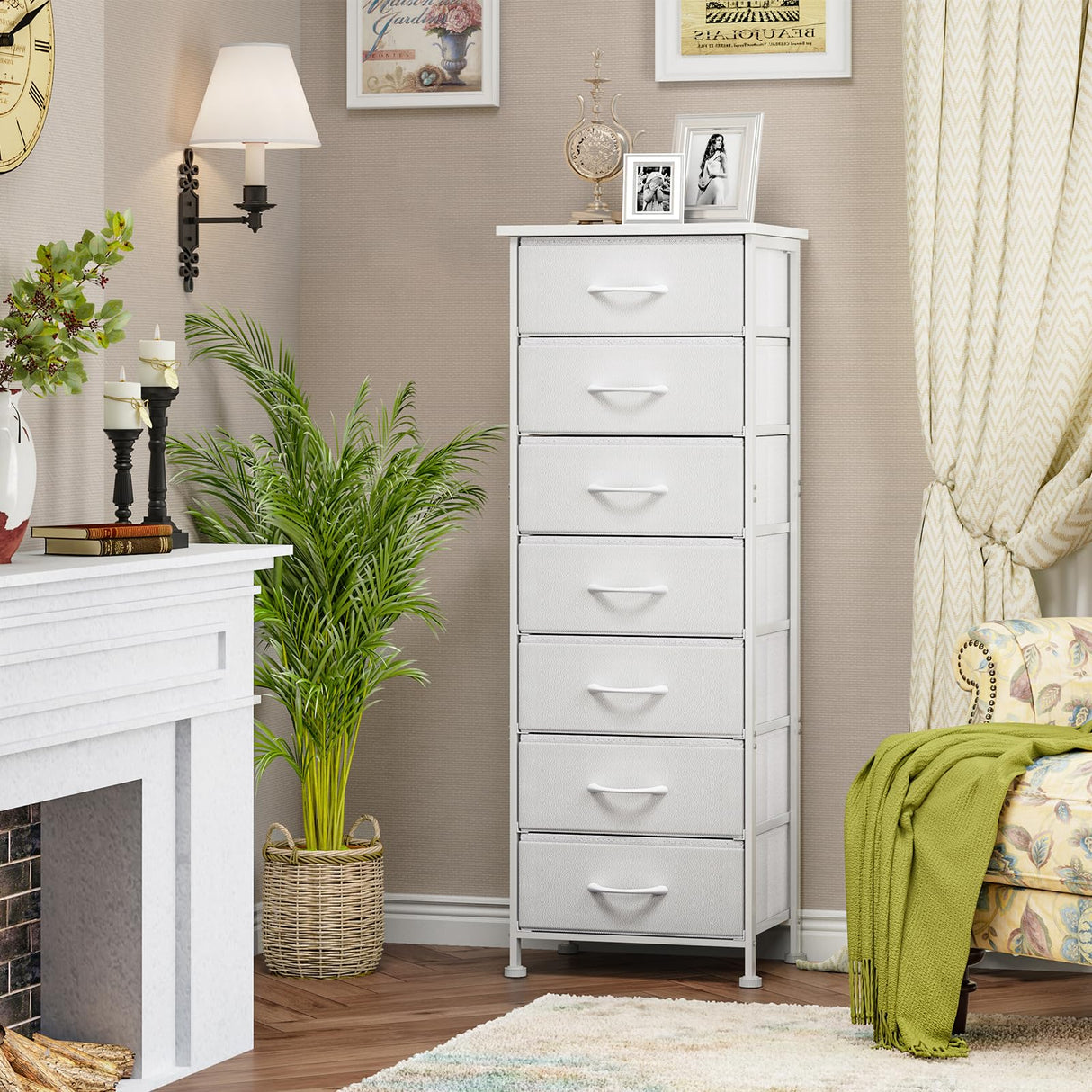 Fixwal White Tall Dresser for Bedroom, Storage Dresser Organizer with 7 Fabric Drawers, Nightstand Furniture in Closet, Entryway, Hallway Fixwal
