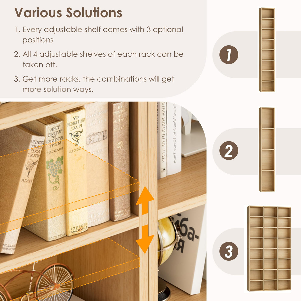 FOTOSOK 8-Tier Media Tower Rack, 11.6 X 9.3 X 71 Inches CD DVD Slim Storage Cabinet with Adjustable Shelves, Tall Narrow Bookcase Display Bookshelf for Home Office, Natural FOTOSOK