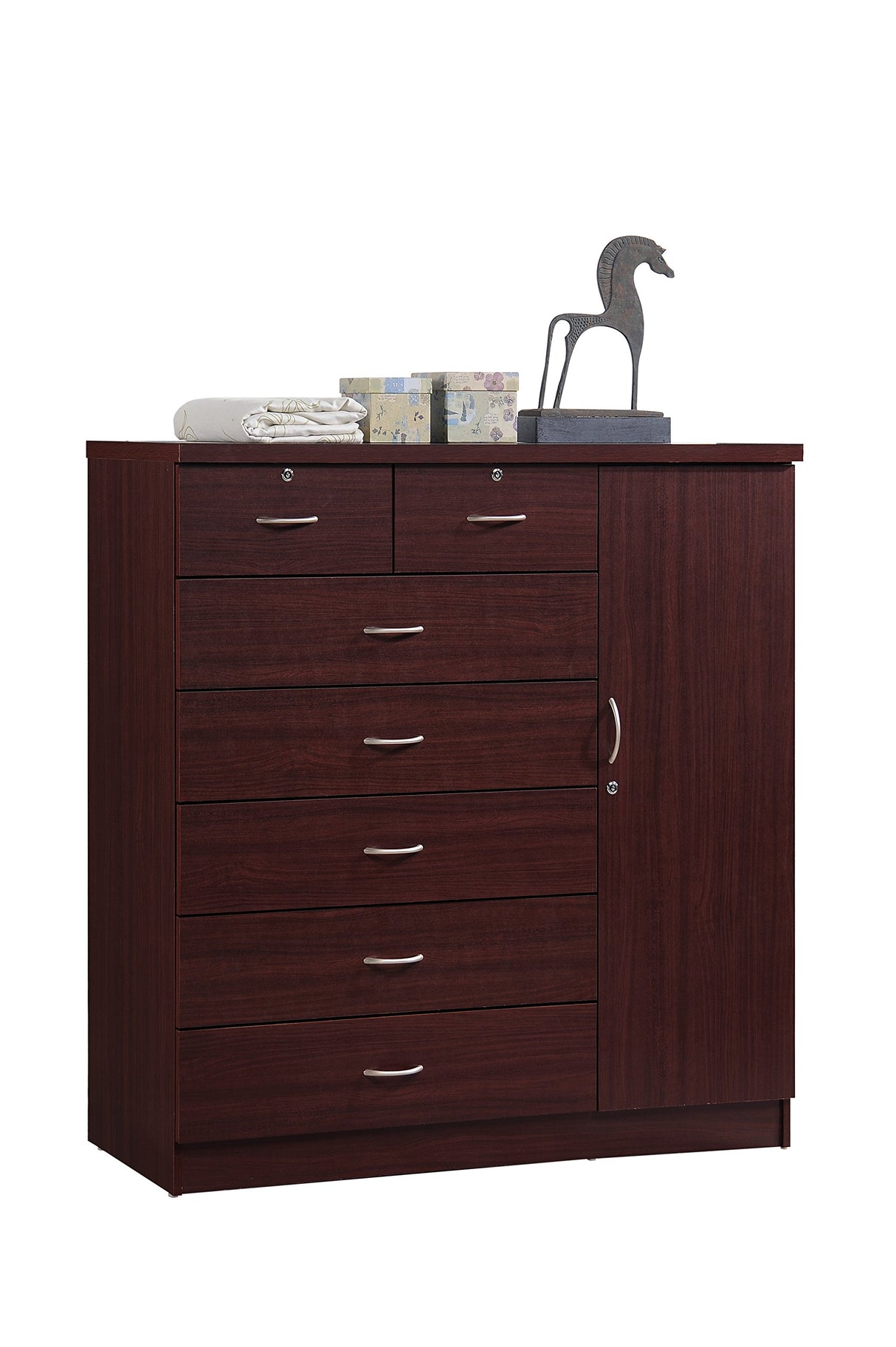 Hodedah 7 Drawer Jumbo Chest, Five Large & Two Smaller Drawers with Two Lock, Hanging Rod, and Three Shelves | Mahogany, 17.76" D X 47.24" W X 48.39" H Hodedah