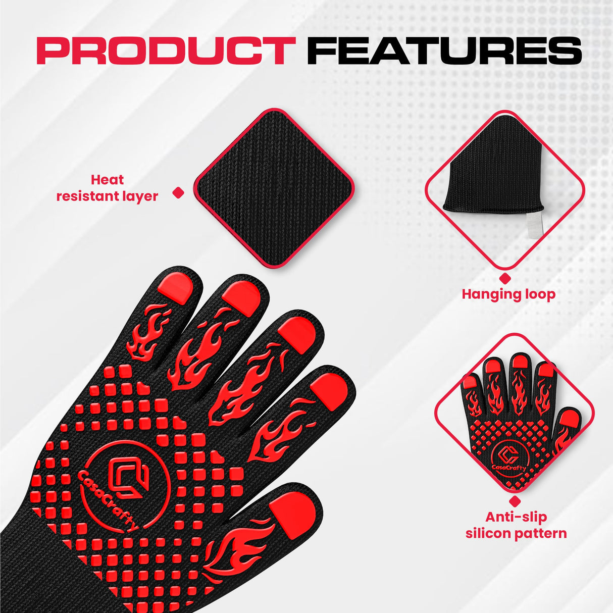 Pro-Series EN 407 Certified BBQ Gloves - Extreme Heat Resistant Grill Gloves (1472℉/800℃), Heatproof/Fireproof Protection Oven Mitts for Grilling, Cooking, Baking, Camping, and Welding - 1 Pair Casacrafty