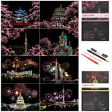 Scratch Art for Adults and Kids-City Landmarks Scratch Painting Craft Kit (8 Sheets A4)|DIY Foil Engraving Art Set|Stress Relief Gift for Travel Lovers, Craft Lovers, Home Decor (Firework&Sakura) BOTEEN