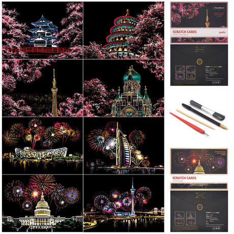 Scratch Art for Adults and Kids-City Landmarks Scratch Painting Craft Kit (8 Sheets A4)|DIY Foil Engraving Art Set|Stress Relief Gift for Travel Lovers, Craft Lovers, Home Decor (Firework&Sakura) BOTEEN