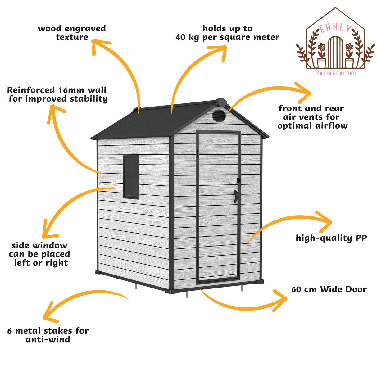 EHHLY 4.4x6 FT Resin Outdoor Storage Shed Large, 230 Cuft Garden Tool Sheds & Outdoor Storage Plastic Shed with Floor, 7FT Tall Backyard Outside Lawn Mower Storage Shed with Side Window, Cemented Grey EHHLY