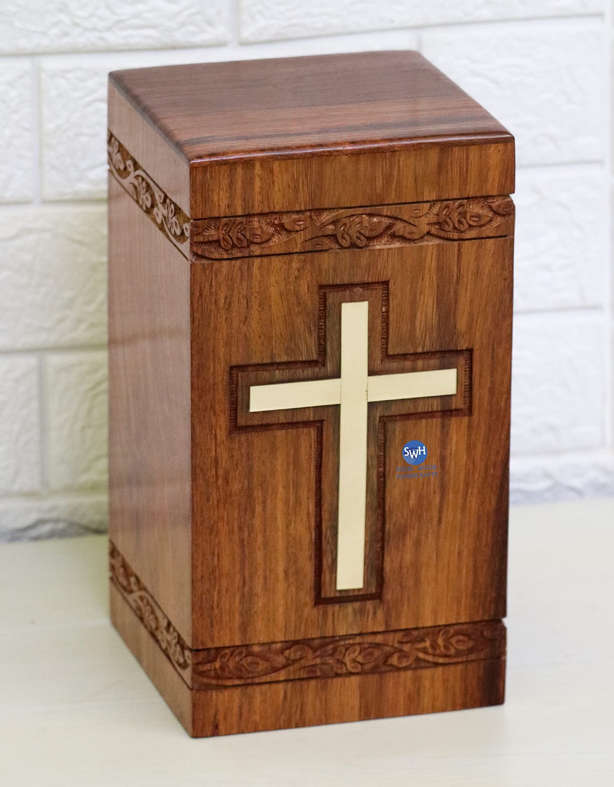 Handcrafted Wooden Urns for Ashes | Cross Engraved Rosewood Urn for Human Ashes | Funeral Pet Urns for Dogs Ashes Large 200 Cubic Inches with Bottom WoodArtSupply