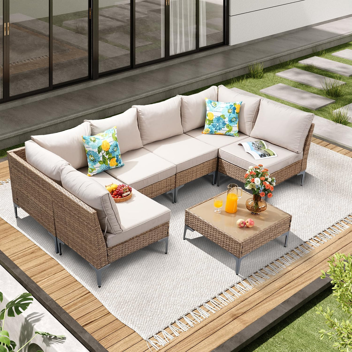 JOYURE 7 Piece Wicker Patio Furniture Set,Outdoor Conversation Sectional Sofa w/Coffee Table,All-Weather Outdoor Sofa with Thick and Anti-Slip Cushions for Deck,Poolside,Garden,Beige JOYURE