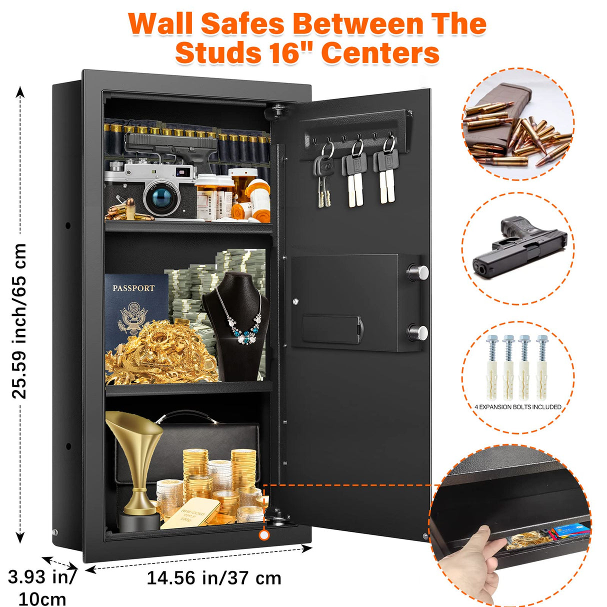 Nebakne 25.6" Tall Fireproof Wall Safes Between The Studs 16" Centers, Hidden Wall Safe with 2 Removable Shelf & Hidden Tray, Heavy Duty Wall Mount Safe for Firearms, Money, Jewelry, Passport Black Nebakne