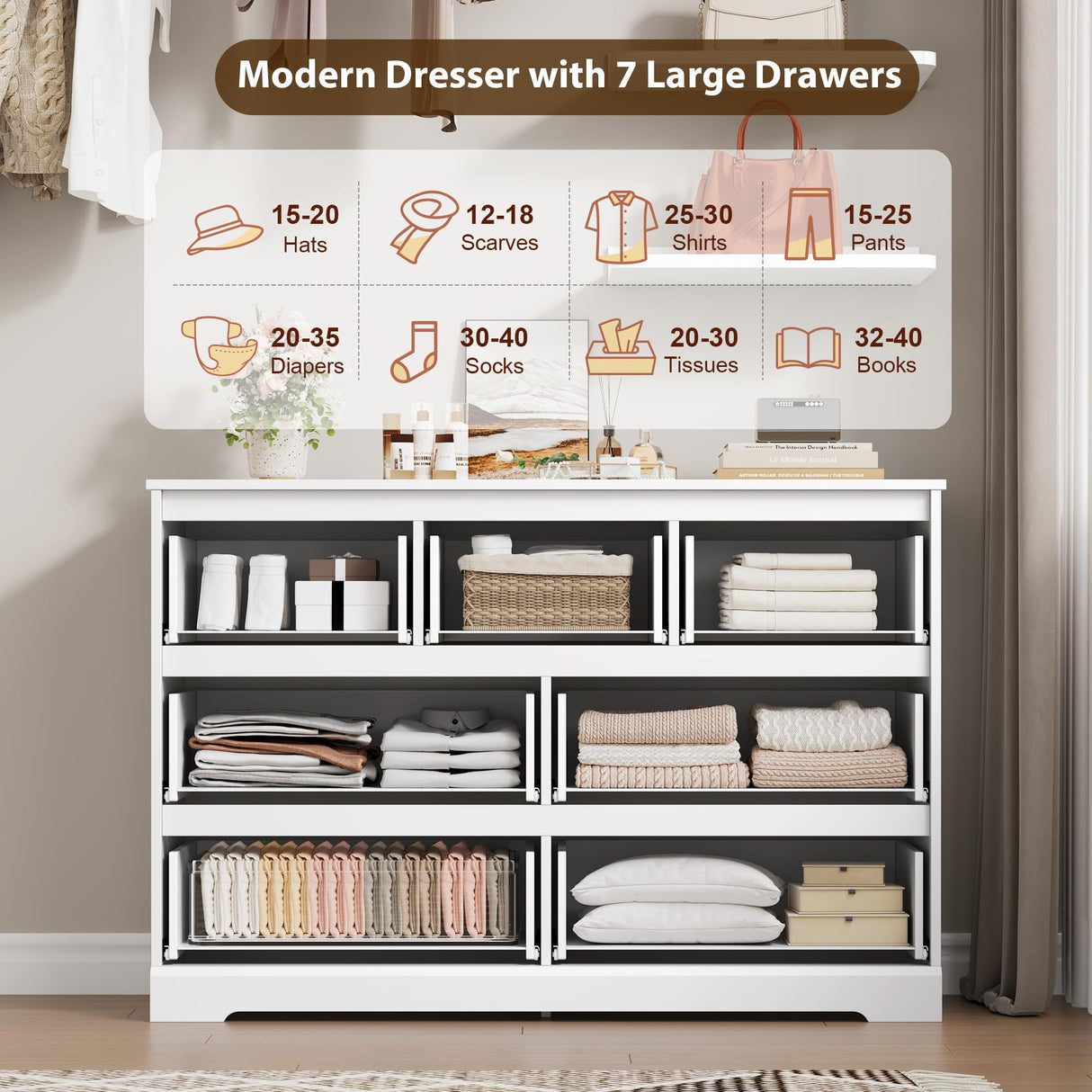 FACBOTALL Dresser for Bedroom, Modern White Dresser, Wood Chest of Drawers Nursery Dresser with Storage, 7 Drawer Double Dresser with Handle Free, Large Storage Dresser Organizer for Living Room,White FACBOTALL