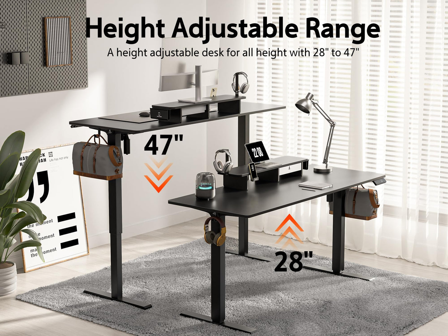 WALKINGDESK 48x24 Inches Electric Standing Desk with Drawer and Monitor Stand, Height Adjustable Stand up Desk for Home Office, Ergonomic Sit to Stand Desk with Phone Holder, 3 Hooks, Black