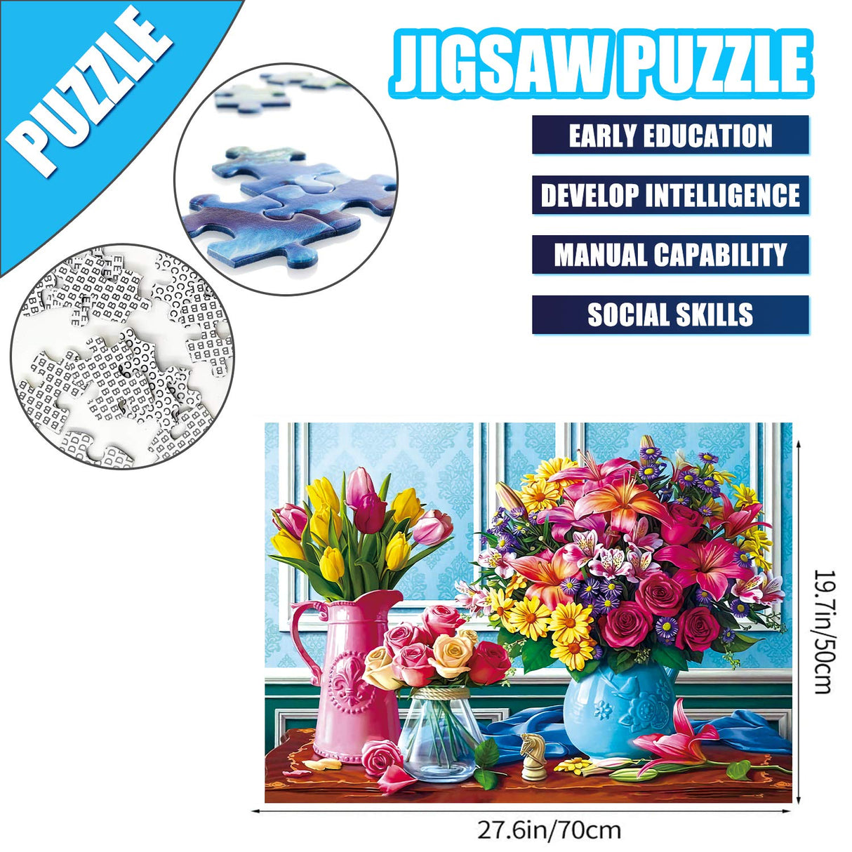 Jigsaw Puzzles 1000 Pieces for Adults Spring Flowers, Colorful Flowers Jigsaw Puzzles, Plants Tulip Rose Daisy Challenging Funny Puzzles for Friends Family Activity Game Nights RECHIATO