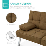 Best Choice Products Linen Modern Folding Futon, Reclining Sofa Bed for Apartment, Dorm w/Removable Armrests, 2 Cupholders - Brown Best Choice Products