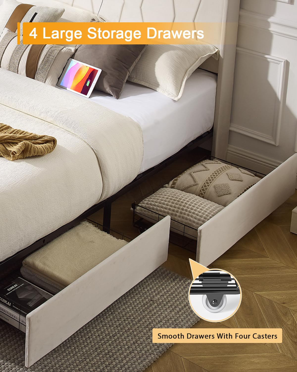 LegacyAmerhome Queen Bed Frame, Velvet Upholstered LED Platform Bed with Headboard Storage, Queen Bed Built-in Charging Station with 4 Drawers, Wood Slat Support, No Box Spring Needed, Beige LegacyAmerhome